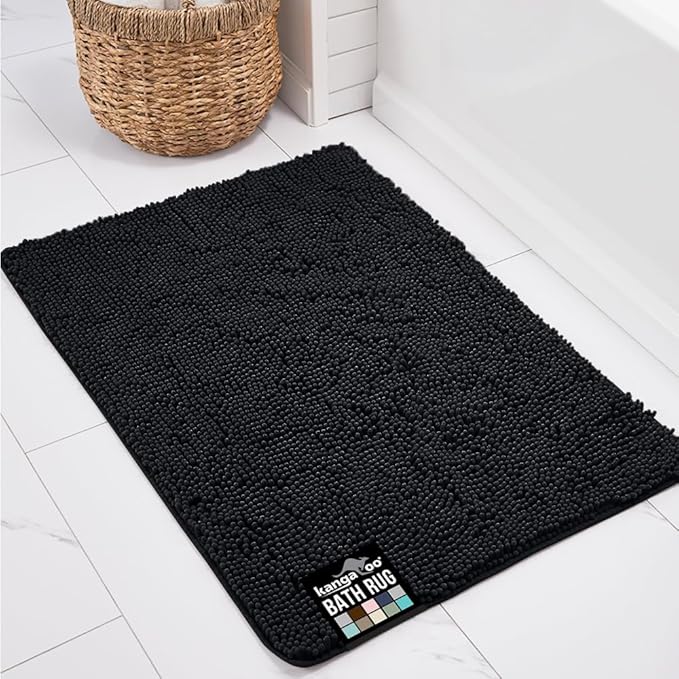 KANGAROO Bathroom Rugs, Chenille Soft Absorbent Bath Rug, Shaggy Shower Mat, Quick Dry Machine Wash Bathmat, Plush Carpet Mats for Tub, Bathtub and Room Home Decor Accessories, 30x20, Black