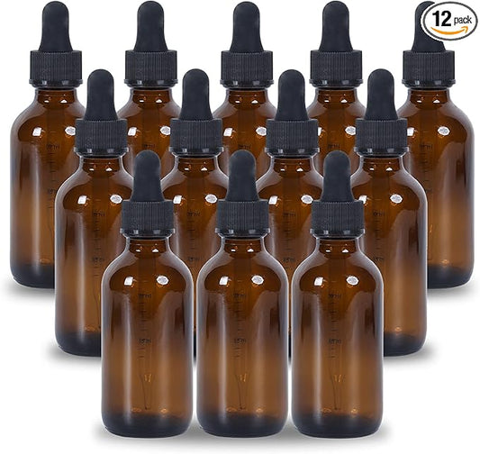 2 oz Dropper Bottle 12 Pack Amber Glass Boston Bottles 30ml with Eye Droppers Black Caps for Essential Oils, Perfume, Leak Proof Travel Bottles for Liquids