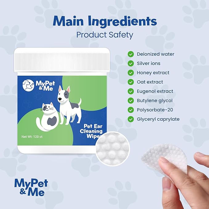 My Pet & Me Dog & Cat Ear Cleaning Wipes – 120 Ct | Gentle, Non-Irritating Formula for Routine Ear Care | Soft, Natural Pet Ear Cleaner Wipes