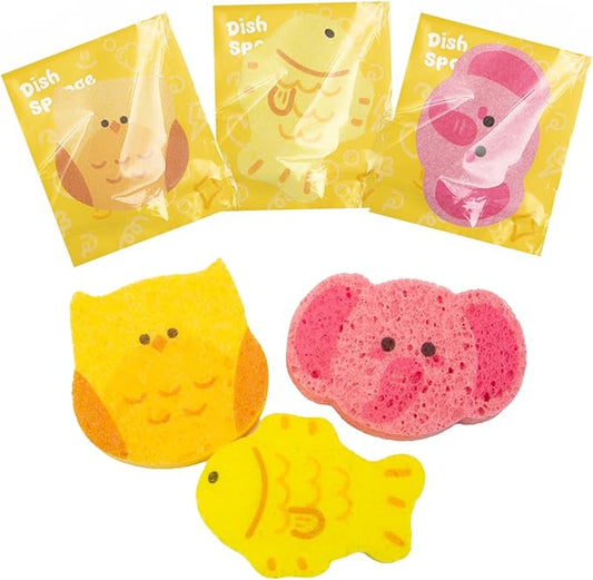 3 Pcs Cute Compressed Wood Pulp Cotton Sponges Bulk Animal-Shaped Reusable and Highly Absorbent for Dishwashing, Kitchen Surfaces, and Bathroom Cleaning, Zoo-EOF