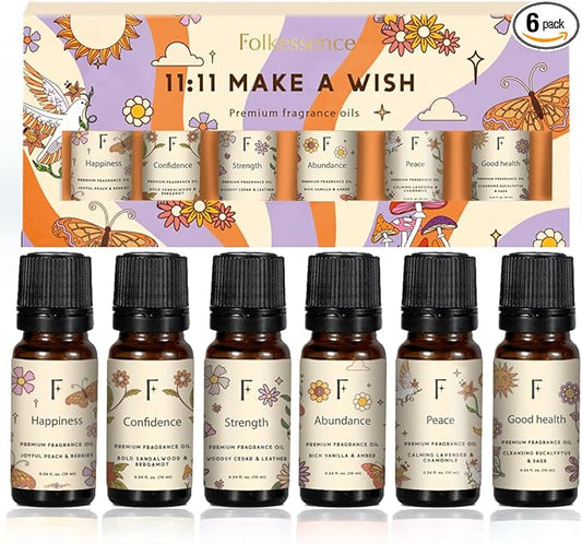 Folkulture Essential Oils for Home | Set of 6 (0.34 fl oz x 6) Sandalwood, Vanilla, Eucalyptus, Cedar Essential Oil, Sage & Chamomile Diffuser Oils for Relaxation for Women
