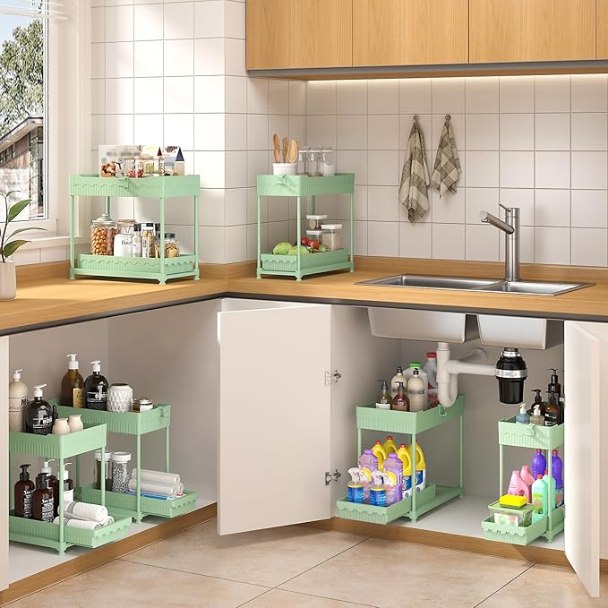 3 Pack Under Sink Organizers, 2-Tier Multi-Use Kitchen and Bathroom Organizers and Storage with Sliding Drawers，Bathroom Cabinet Organizer (Green, 12.8 Inch)