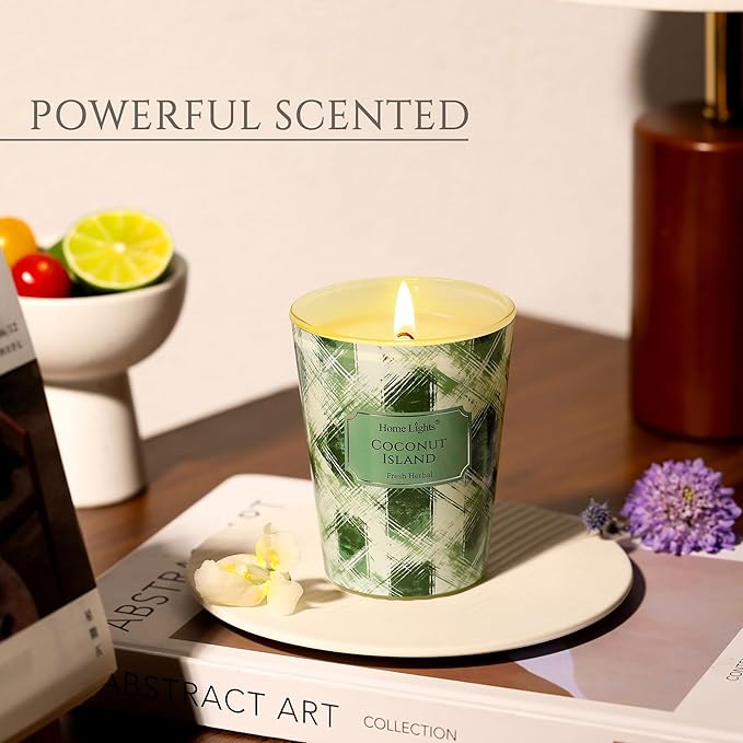 HomeLights 1-Wick Candles for Home Scented - 6.7oz Soy Wax Blend Candle Long-Lasting Fragrance, Scandinavian Minimalist Design Home Decor and Housewarming Gifts, Coconut Island