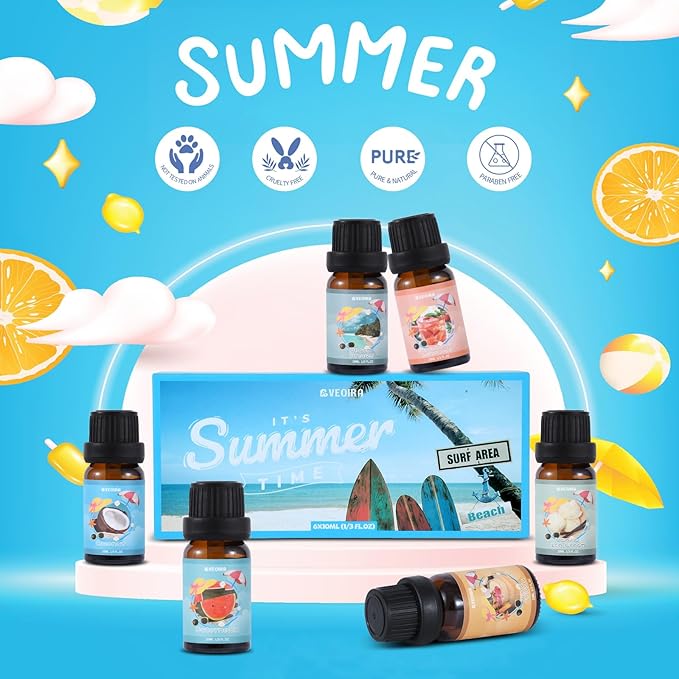 Summer Fragrance Oils Set, AVEOIRA Beach Essential Oil Set for Diffuser, Candle, Soap Making Scented Oils, Pina Colada, Strawberry Lemonade, Watermelon, Vanilla Ice Cream, Coconut, Ocean Breeze