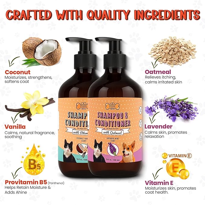 POM Pets 2 Pack 2-in-1 Organic Dog Shampoo & Conditioner – Itchy Skin Relief, Dog Deshedding, Detangles Fur, Cat Shampoo, Paw Cleaner for Dogs, Natural Coat Defense Formula