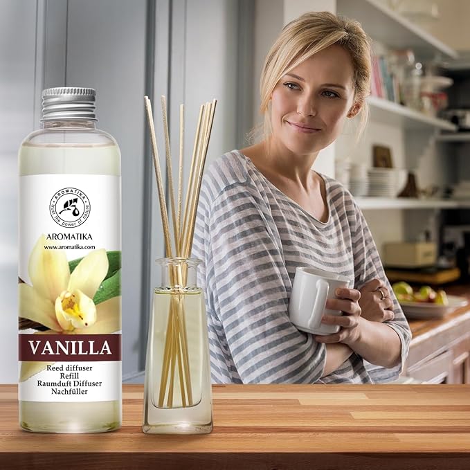 Vanilla Diffuser Refill w/Natural Essential Vanilla Oil 6.8 Fl Oz - Intensive - Fresh & Long Lasting Fragrance - Reed Diffuser Oil Refill Vanilla - for Aromatherapy - SPA - Home - Office - Fitness