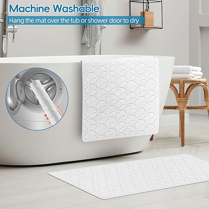 WRISIN Bathtub Mat Non Slip with Suction Cups - 100% Rubber Bathroom Mat Textured for Bath Tub Shower Safety - Soft on Touch - BPA/PVC Free - Pet Dog Bath Mat - Machine Washable - 16 × 28 Inch（White）