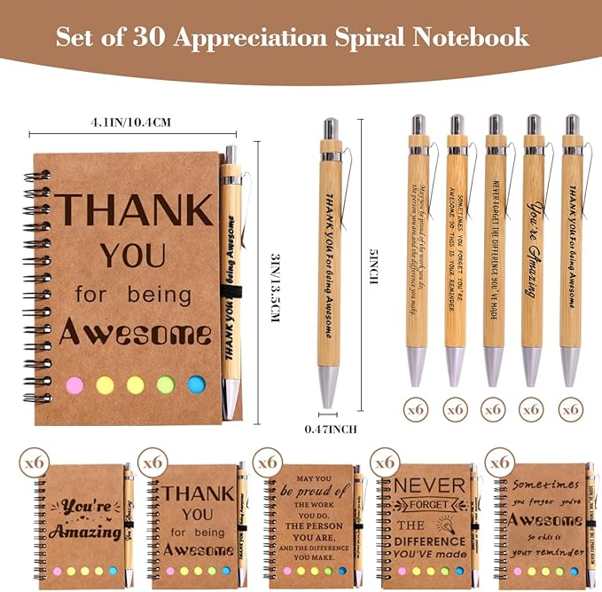 30 Sets Employee Appreciation Gifts Bulk Team College Graduate Thank You Gifts Inspirational Spiral Notebook with Sticky Note Motivational Bamboo Ballpoint Pens for Nurse Teacher Employees Coworker