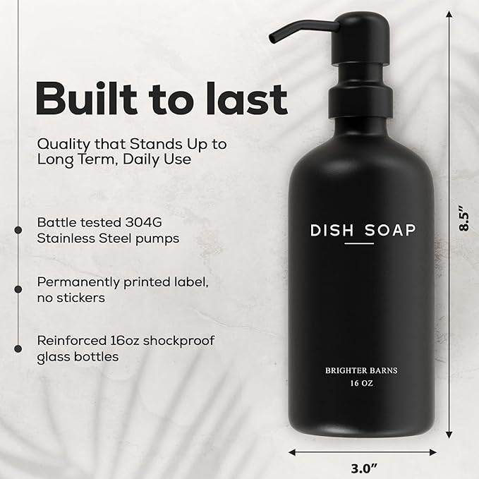 Luxury Glass Hand and Dish Soap Dispenser Set by Brighter Barns - Kitchen Soap Dispenser Set with Stainless Steel Pump for Kitchen Sink - Neutral Modern Farmhouse Home Decor for Airbnb (Black/White)