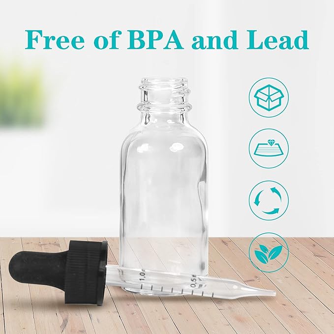 2 oz Dropper Bottle 12 Pack Clear Glass Boston Bottles 60ml with Eye Droppers Black Caps for Essential Oils, Perfume, Leak Proof Travel Bottles for Liquids
