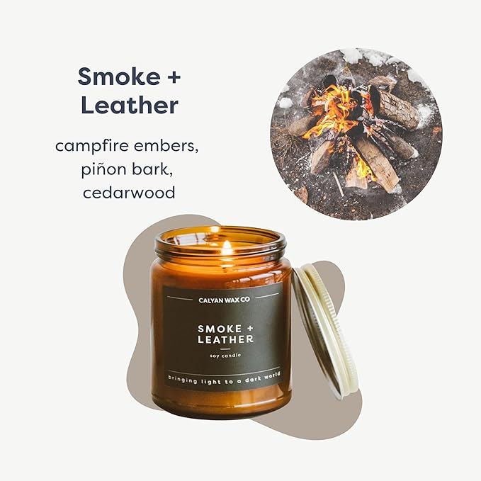 Calyan Wax Co. Soy Wax Candle, Smoke + Leather Scented Candle, 57 Hour Burn Time, Aromatherapy Soy Candles, Non Toxic & Vegan Soy Wax, Amber Glass Jar Scented Candles, 7.2oz