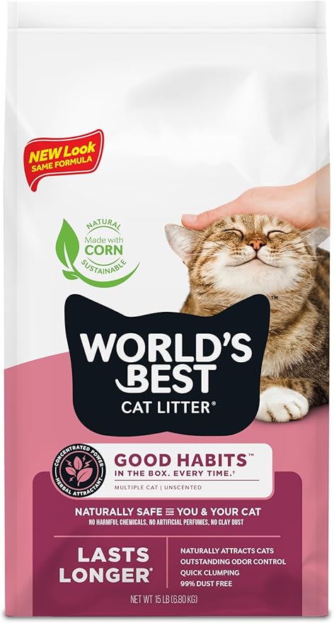 WORLD'S BEST CAT LITTER Good Habits Cat Attract Litter | Natural Plant-Based Attractant | Multicat Flushable Corn Litter | Unscented Odor Control | Low Tracking & Lightweight | Made in USA 15lb Bag