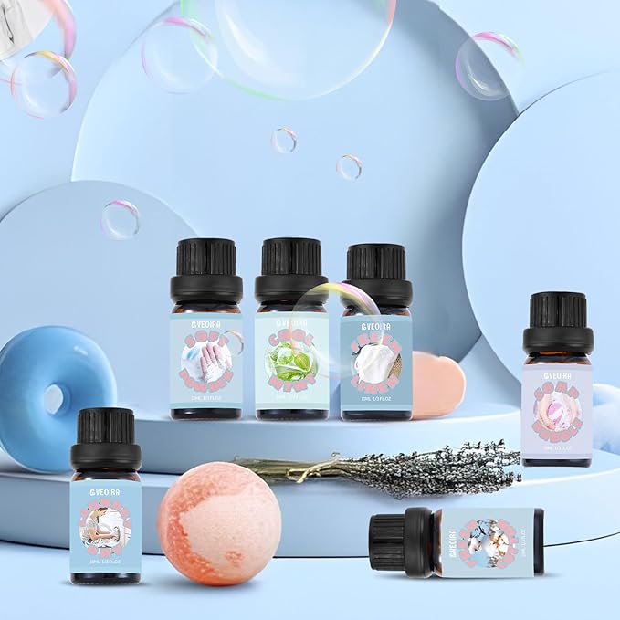 Clean Fragrance Oils Set, AVEOIRA Essential Oils Set for Diffuser, Candle, Soap Making Scented Oils, Fresh Linen, Cool Mint, Soap Bubble, Laundry Day, Soft Powder, Fresh Cotton, 6x10ml