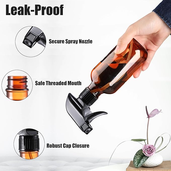 Plastic Small Spray Bottle, Mister Squirt Bottle 2 Pack, 10.1 oz Amber Refillable Empty Water Spray Bottles with Adjustable Mist/Stream for Hair, Plant, Pet, Cleaning, Cooking