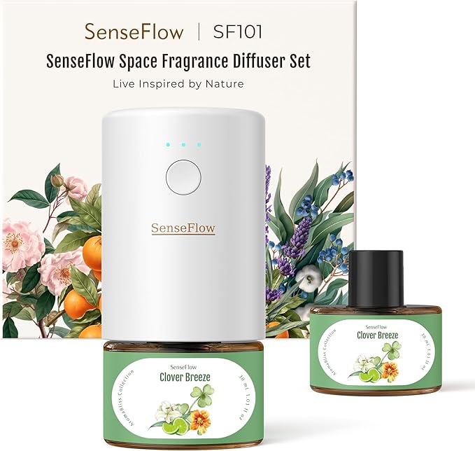 SF101 Waterless Ultrasonic Essential Oil Diffuser–100% Plant-Based,120-Day Natural Air Freshener & Aromatherapy Diffuser for Home,Hotel,Studio–Covers up to 100㎡-Clover Breeze