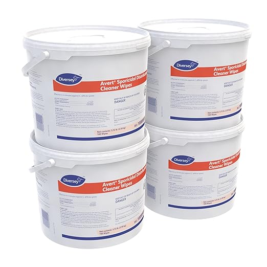 Diversey 100895931 Avert Sporicidal Disinfectant Cleaner, Hospital Grade Kills C. Difficile Spores, Extra Large Size Wipes, 160-Wipes, 1-Bucket (Pack of 4)