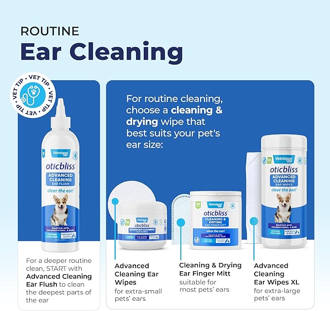 Vetnique Oticbliss Cat & Dog Ear Wipes - Dog Ear Infection Treatment or Dog Ear Cleaner Wipes for Dirty, Waxy, Smelly Dog Ears, Odor Control with Aloe Vera & Salicylic Acid (Finger Mitt Ear Wipes)