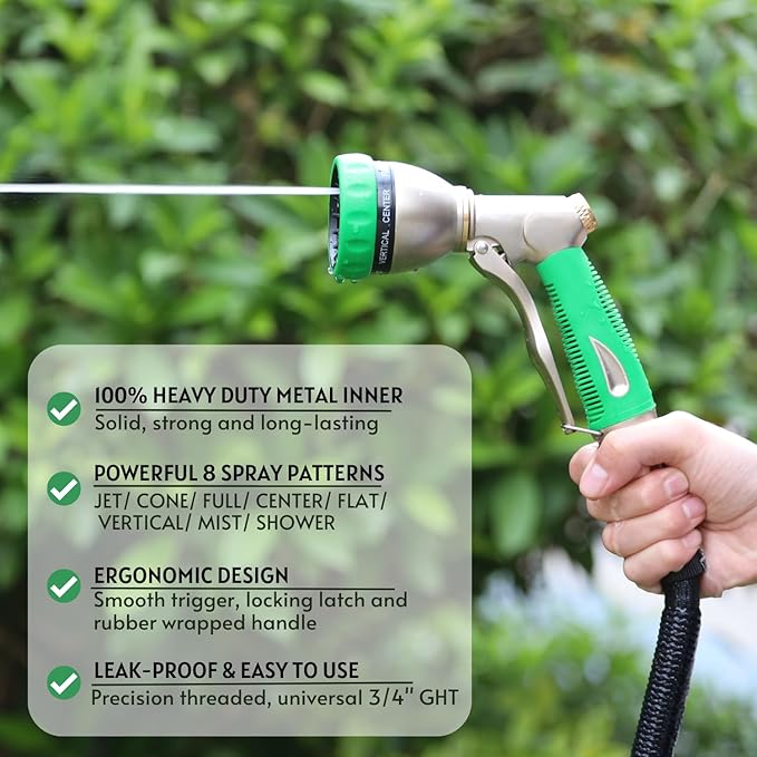 HOSUN Garden Hose Nozzle Sprayer Heavy Duty, 100% Metal Water Hose Nozzle with 8 Spray Patterns, High Pressure Hose Spray Nozzle with Non-Slip Grip for Watering Plant & Lawn, Washing Car & Pet, Green