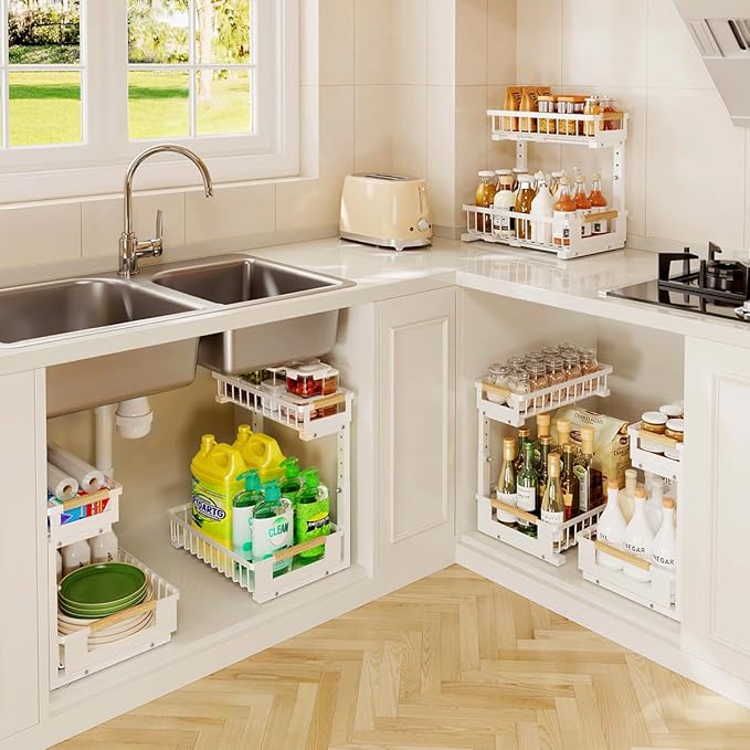 Under the Sink Organizer Kitchen, 2 Tier Large Pull Out Under Sink Organizer with Adjustable Height, Metal Under Cabinet Organizer and Storage for Counter Bathroom Vanity Laundry, White 2 Packs