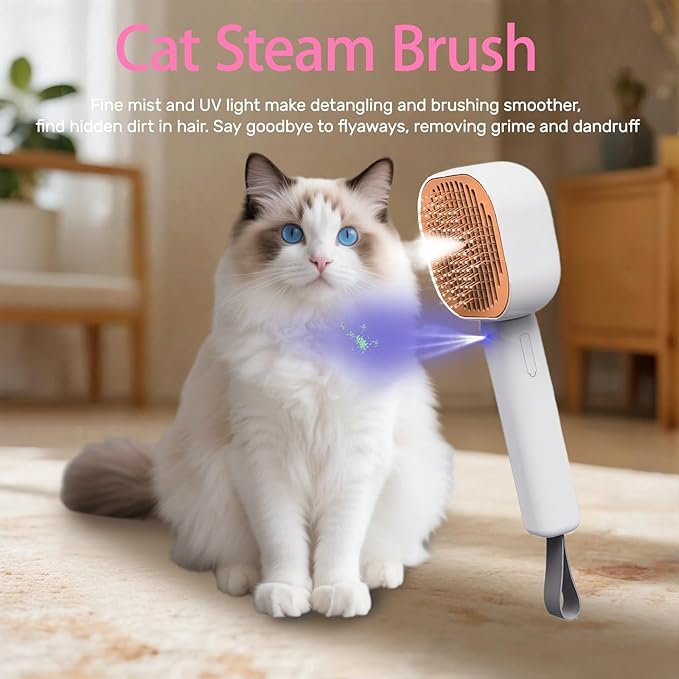 Pet Steam Brush for Cats, 4 in 1 Cat Brush for Long Haired Cats Kittens Dogs for Shedding Grooming Massage Self Cleaning (White Orange)