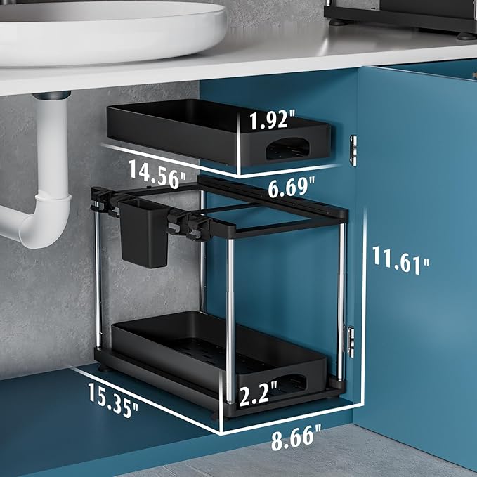 2 Pack Under Sink Organizer, 2 Tier Under Sink Organizers and Storage for Kitchen Bathroom, Height Adjustable Cabinet Organizer with Two Slide-Out Drawers,Black
