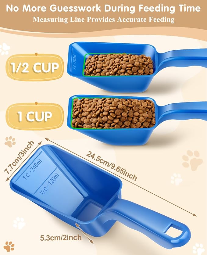 2-Pack Dog Food Scoop 1 Cup, Plastic Pet Food Measuring Scoop With Measuring Lines (1/2 & 1 Cup Markings) for Dogs, Cats, Fish, Bird（Blue)