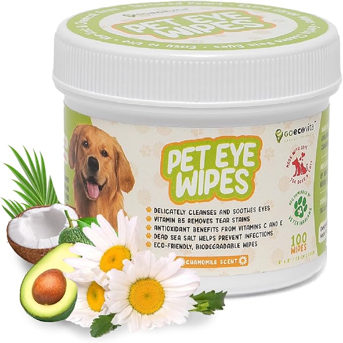 Pet Eye Wipes for Dogs & Cats | Gently Removes Tear Stains, Eye Debris, Discharge, Mucus Secretions | Chamomile Oil Pet Cleaning & Deodorizing Wipes for Eyes & Stains (100 Count)