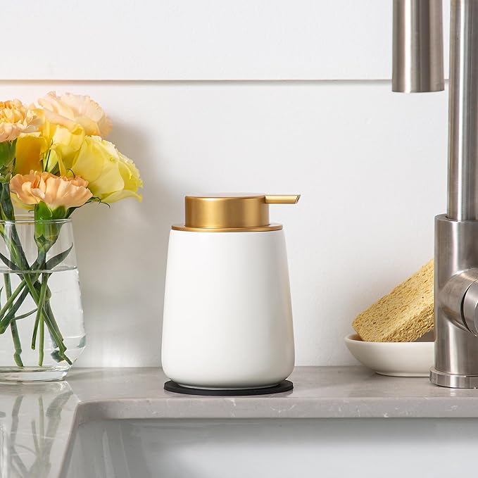 Enra Foaming Soap Dispenser,12 oz Beige Ceramic Modern Poam Hand Soap Dispenser for Bathroom,Kitchen with Easy-to-Press Pump (White Poam Gold Pump)
