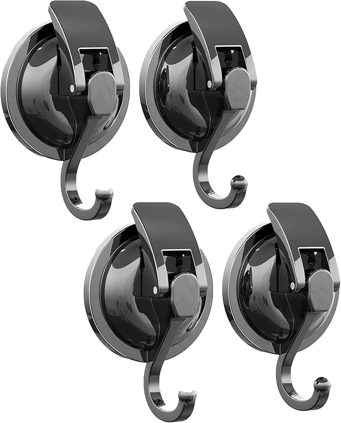 Heavy Duty Vacuum Suction Cup Hooks, Gun Silver Plated Polished Super Suction for Kitchen Bathroom, 4 Pack