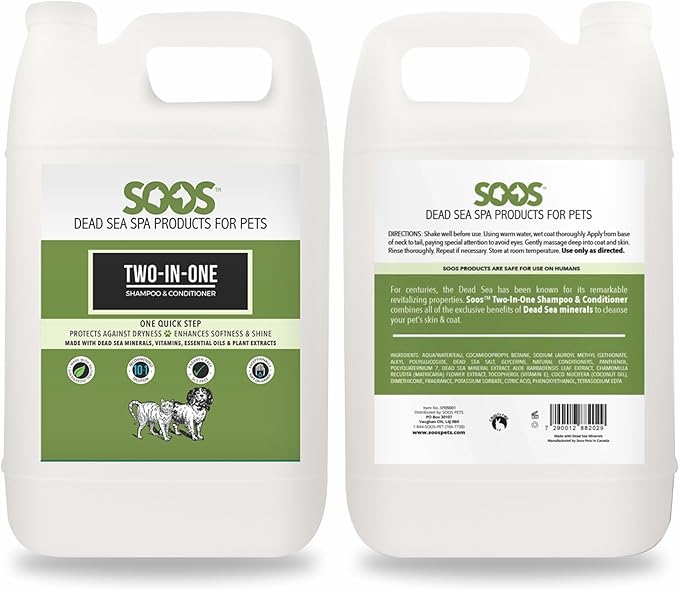 Soos Pets Two-in-One Shampoo Plus Conditioner for Dogs & Cats | 2-in-1 Natural Dead Sea Minerals | Cleansing & Moisturizing Formula | Gentle on Skin, Promotes Soft Shiny Coat - 4L