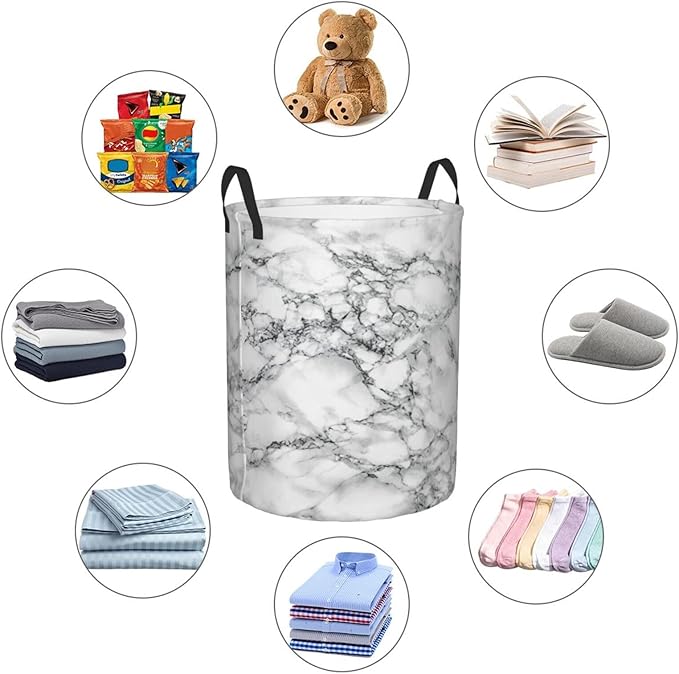 Black And White Marble Laundry Hamper Bag With Waterproof Liner - Round Laundry Basket Foldable Clothes Storage Organizer For Bathroom Bedroom Nursery Dorm, M-19.6"X 15.7"