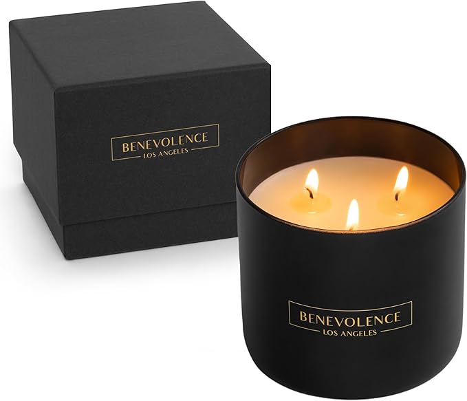 Benevolence LA 3 Wick Candle, Bergamot & Jasmine Large Scented Candle | Soy Candles | Gifts for Women and Men | Home Fragrance | Aromatherapy | Bathroom Freshener | 14.5 Oz, 45 Hour Burn