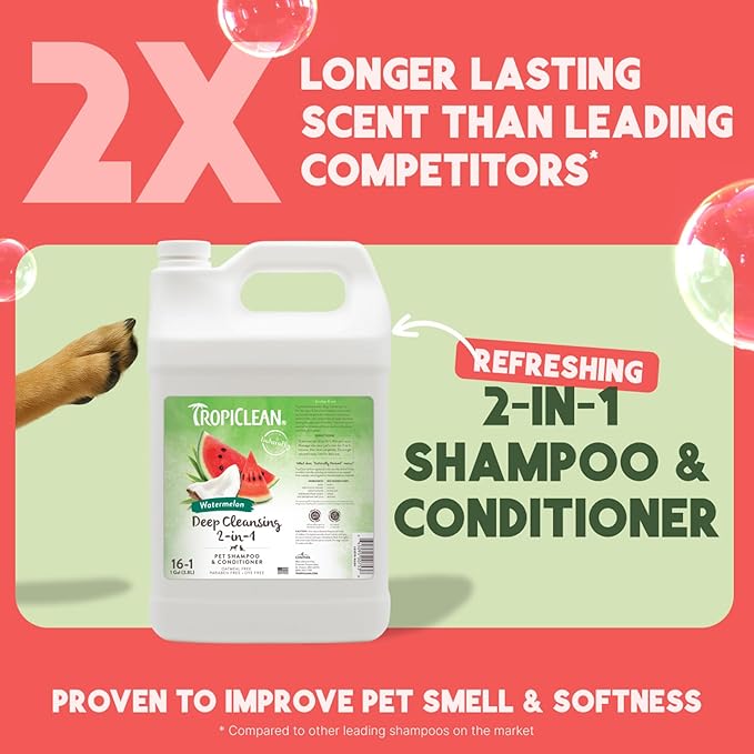 TropiClean 2-in-1 Dog Shampoo and Conditioner, Professional Dog Shampoo, Puppy Safe, Moisturizing Detangler, Made in USA, Watermelon Scent, 1 Gallon