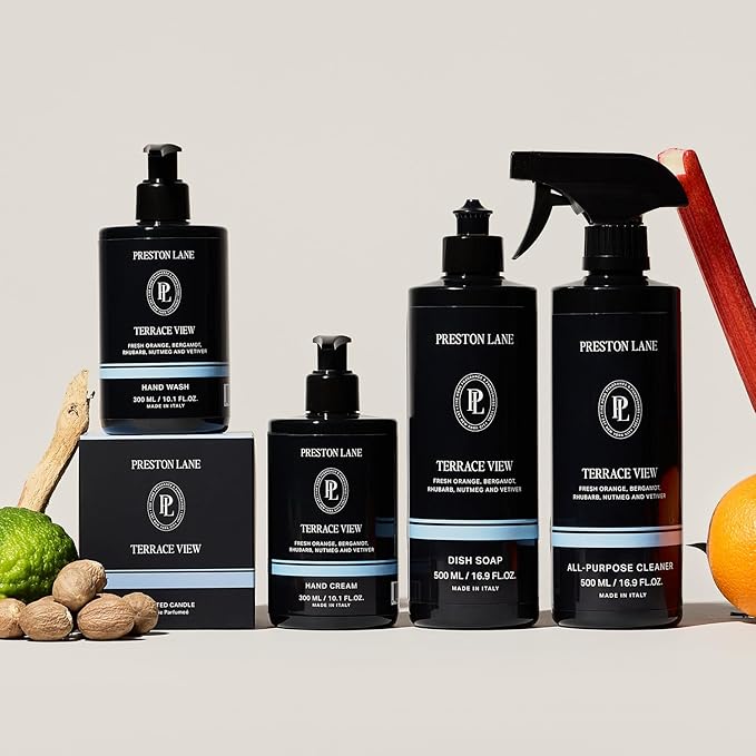 Preston Lane Signature Home Set – All Purpose Cleaner, Dish Soap, Hand Wash, Hand Cream & Scented Candle | Plant-Powered Cleaning & Care Essentials with Fine Italian Fragrance, Terrace View