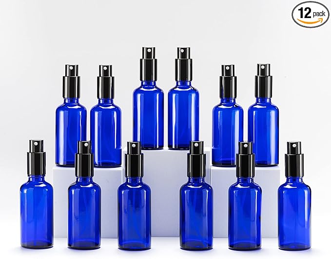 YIZHAO Blue Glass Spray Bottles 2oz, with Small Fine Mist Spray, Metal Cap, Refillable for Essential Oil,Travel,Cleaning,Perfume,Aromatherapy,Makeup – 12 Pcs