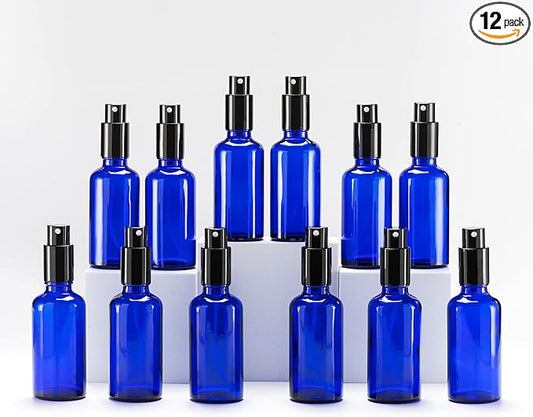 YIZHAO Blue Glass Spray Bottles 2oz, with Small Fine Mist Spray, Metal Cap, Refillable for Essential Oil,Travel,Cleaning,Perfume,Aromatherapy,Makeup – 12 Pcs