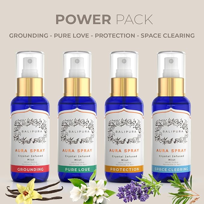 BALIPURA - 4 pc Variety Aura Cleansing Sprays Gift Set with Linen Bag - Infused with Crystal - Organic Essential Oils - 100ml Each