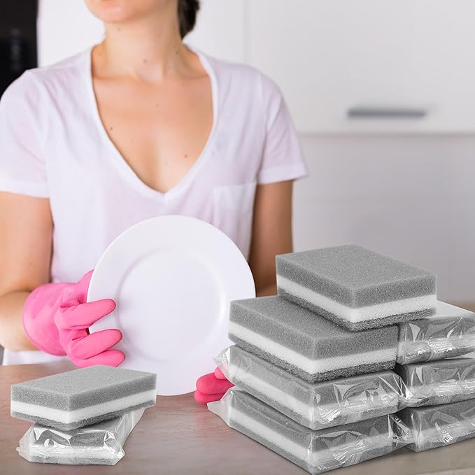 100 Pcs Individually Wrapped Sponges, Uncompressed Non Scratch Scrouing Sponges for Household Cleaning Dishes Kitchen Airbnb Apartment Car Bike Gray