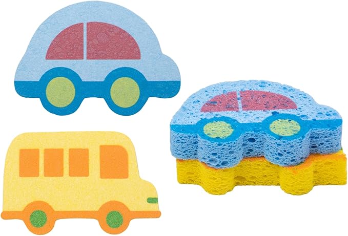 2 Pcs Cute Compressed Wood Pulp Cotton Sponges, Reusable and Highly Absorbent for Dishwashing, Kitchen Surfaces, and Bathroom Cleaning, Bus and Car-Shaped
