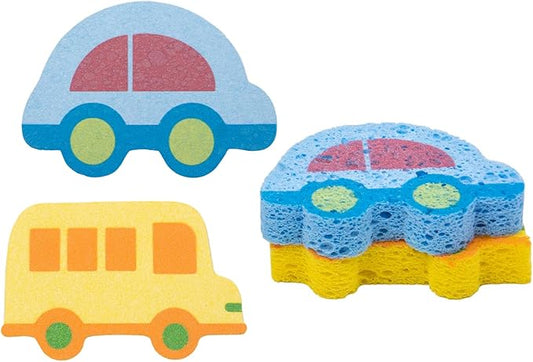 2 Pcs Cute Compressed Wood Pulp Cotton Sponges, Reusable and Highly Absorbent for Dishwashing, Kitchen Surfaces, and Bathroom Cleaning, Bus and Car-Shaped