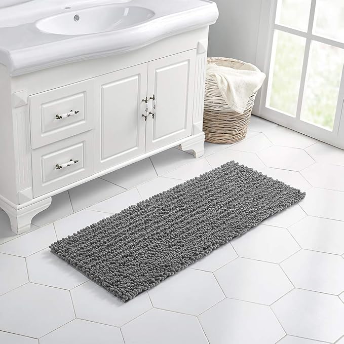 Walensee Bathroom Rug Non Slip Bath Mat (44x24 Inch Grey) Water Absorbent Super Soft Shaggy Chenille Machine Washable Dry Extra Thick Perfect Absorbant Best Large Plush Carpet for Shower Floor