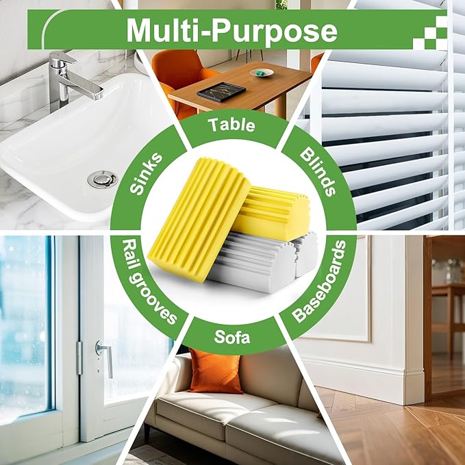 4-Pack Damp Clean Duster Sponge, Sponge Cleaning Brush, Duster for Cleaning Blinds, Glass, Baseboards, Vents, Railings, Mirrors, Window Track Grooves and Faucets, Gray and Yellow