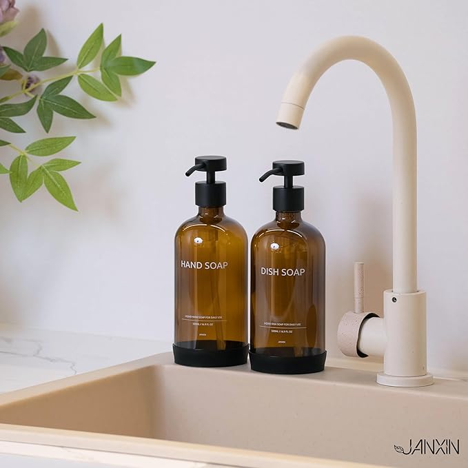 Soap Dispenser Set with Non-Slip Protective Silicone Pad,Hand Soap Dispenser for Bathroom Decor, Amber Kitchen Accessories (Amber Bottles + Black Pumps)