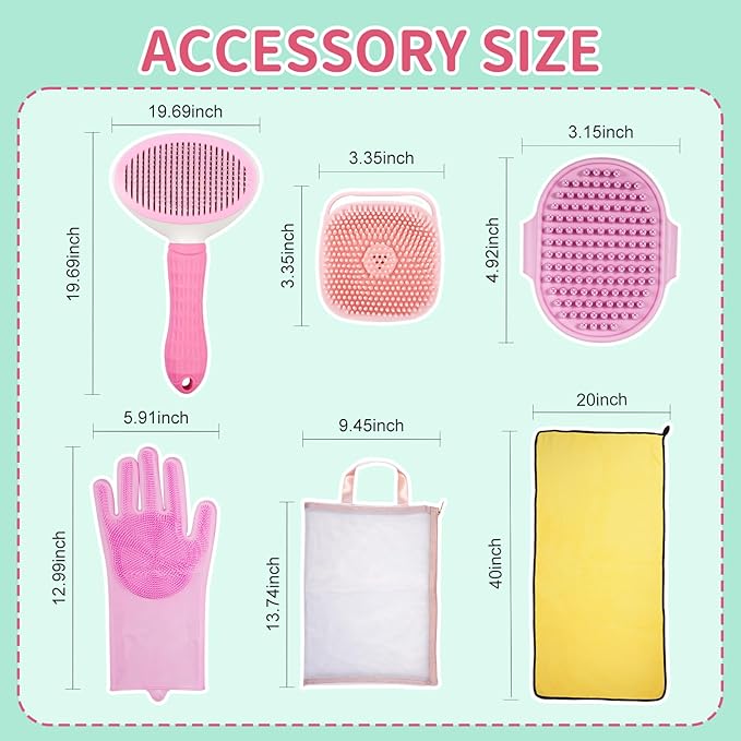 Dog Bath Supplies, 6PCS Bath Grooming Kit with Storage Bag - Self Cleaning Slicker Brush, Shampoo Brush & Scrubber, Dog Grooming Gloves for Short & Long Haired Dogs & Cats (Pink)