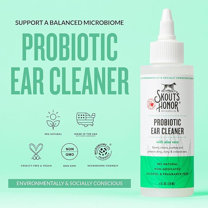 SKOUT'S HONOR Probiotic Dog Ear Cleaner Solution with Aloe Vera - Alcohol-Free, Fragrance-Free, Non-Medicated Ear Wash for Dogs - Microbione Friendly Certified, 4 oz., 2-Pack