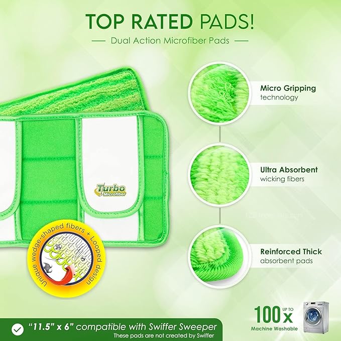 2 Pack Reusable Pads Compatible with Swiffer Sweeper Mops - Washable Microfiber Mop Pad Refills