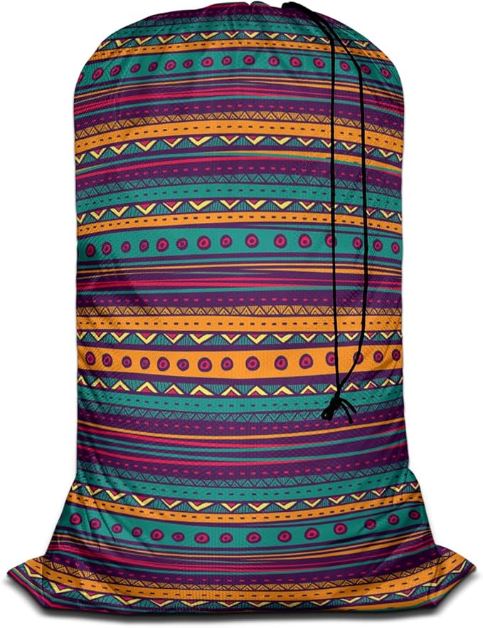 Swono Mexican Texture Heavy Duty Laundry Drawstring Bag with Strap, Indian Style Hand Drawn Abstract Backdrop 28 x 40 Inches Travel Dirty Clothes Bag for Laundromat and Household