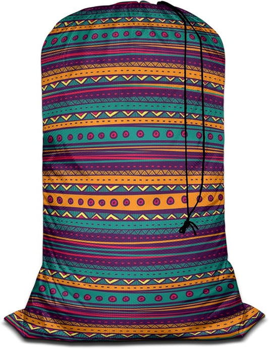 Swono Mexican Texture Heavy Duty Laundry Drawstring Bag with Strap, Indian Style Hand Drawn Abstract Backdrop 28 x 40 Inches Travel Dirty Clothes Bag for Laundromat and Household
