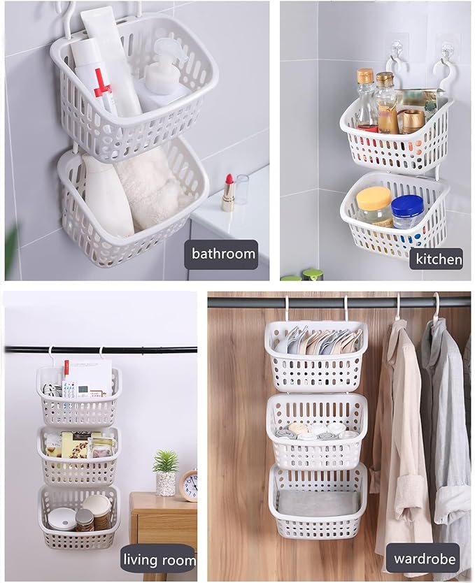 3PCS Plastic Hanging Baskets for Shower, Hanging Basket Organizer with Hooks, Rectangle 8.5Inches Small Hanging Storage Basket (Grey)