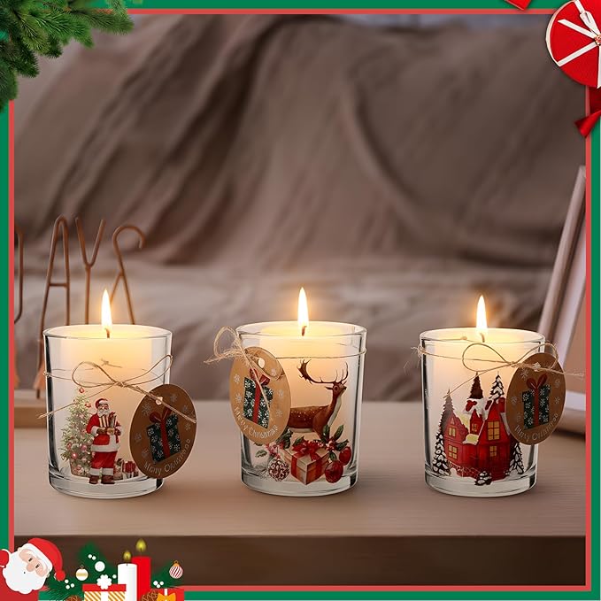 12 Pack Christmas Santa Claus Clear Candle Jars for Making Candles 7 oz Empty Glass Jars with Wood Lids and Blessing Card Snowman Candle Containers for DIY Gifts Home Tea Party Holiday Decor